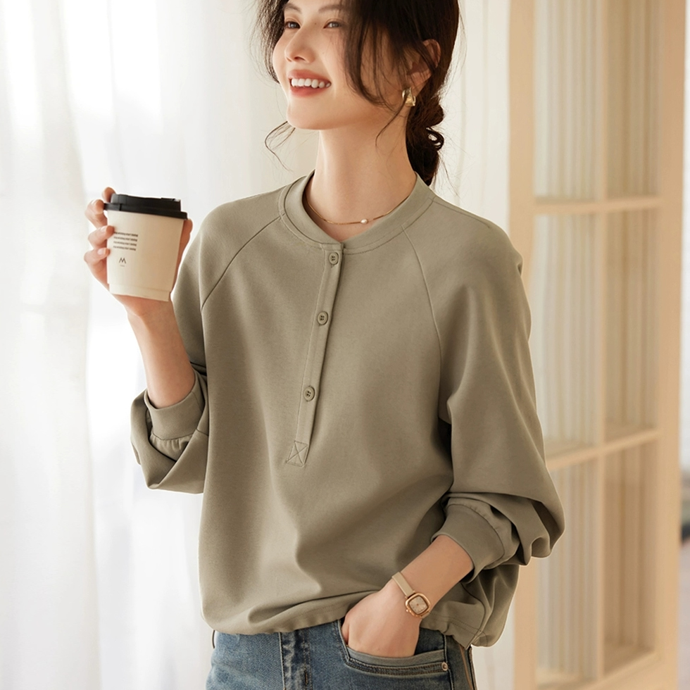 春秋新款棉质半开圆领长袖卫衣女通勤简约休闲百搭收腰设计感上衣