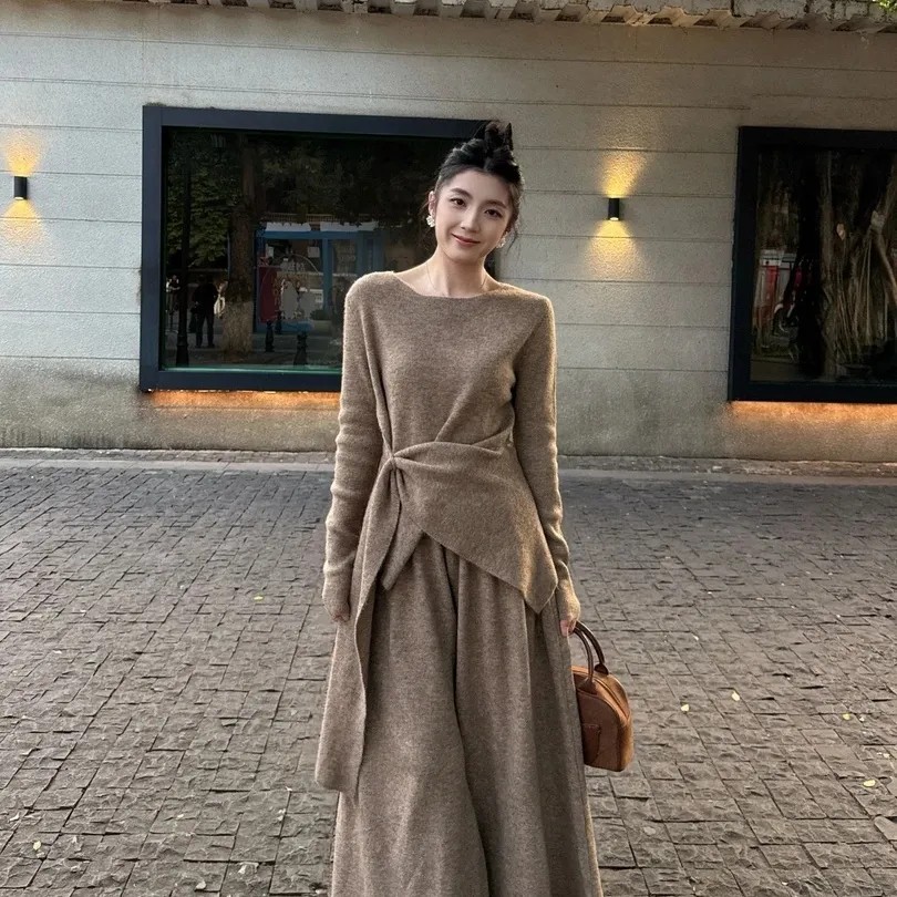 大码韩系风淡人气质不规则秋冬绑带设计显瘦爆款毛衣垂感高腰长裤