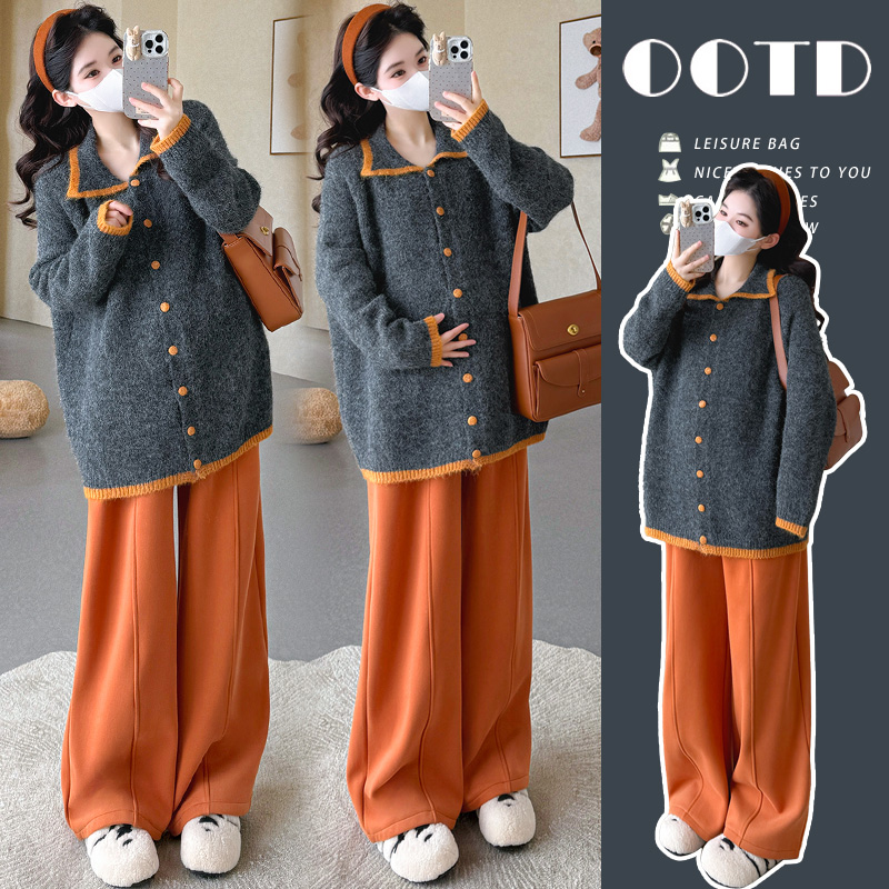 韩版INS慵懒风时尚撞色设计感秋冬季新款套装女高质量孕妇两件套