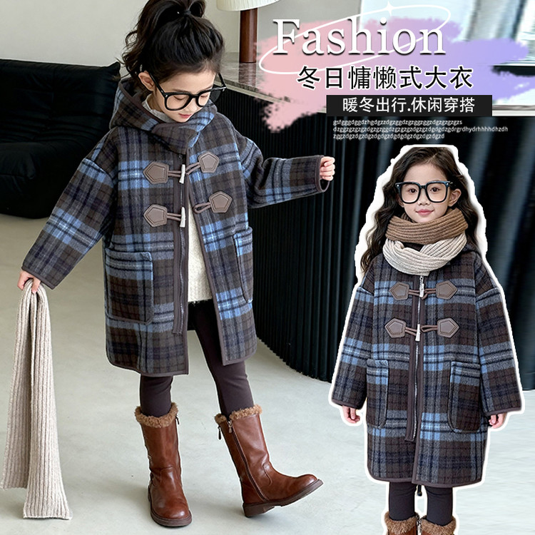 女童格子呢大衣秋冬款气质中大童韩版加厚呢子洋气儿童中长款外套