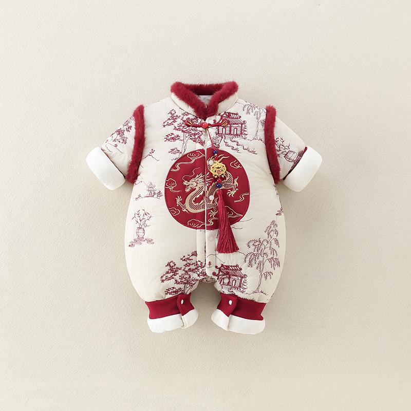 国风婴儿衣服冬装连体棉衣满月宝宝外出抱服哈衣周岁过年拜年棉服