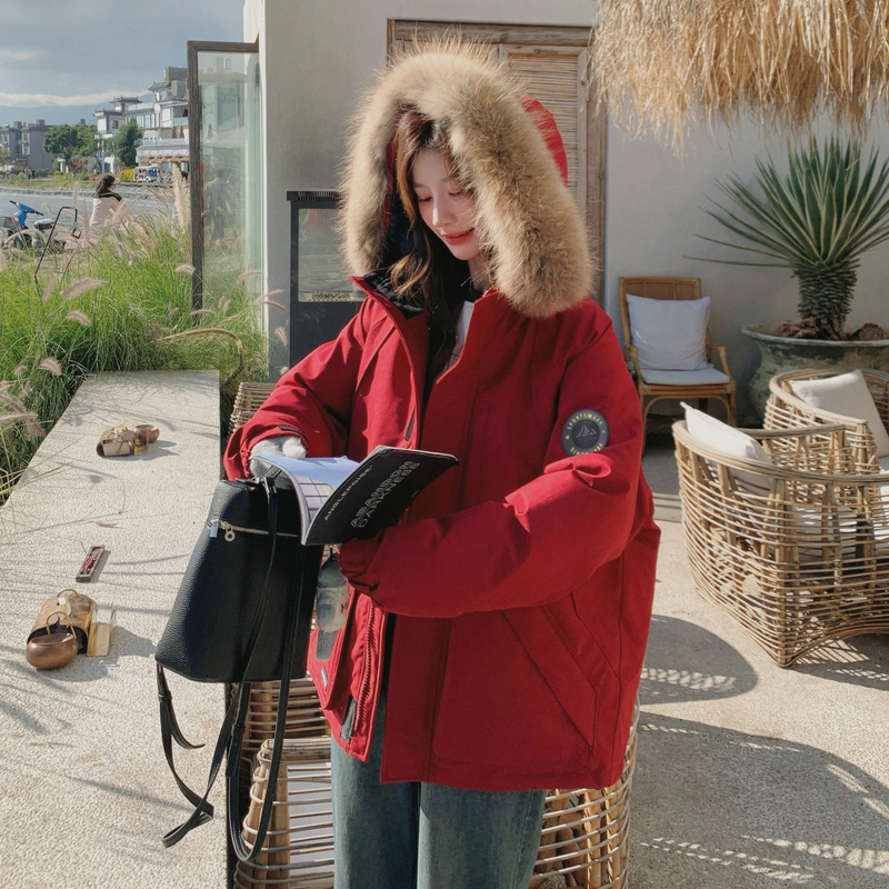 红色工装大毛领羽绒服女冬季短款小个子保暖加厚白鸭绒派克服外套