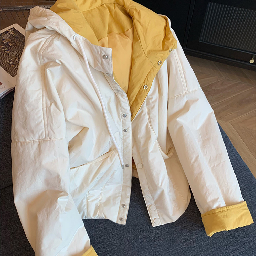 小众设计感别致撞色连帽棉服外套2025秋冬宽松慵懒风宽松显瘦棉衣