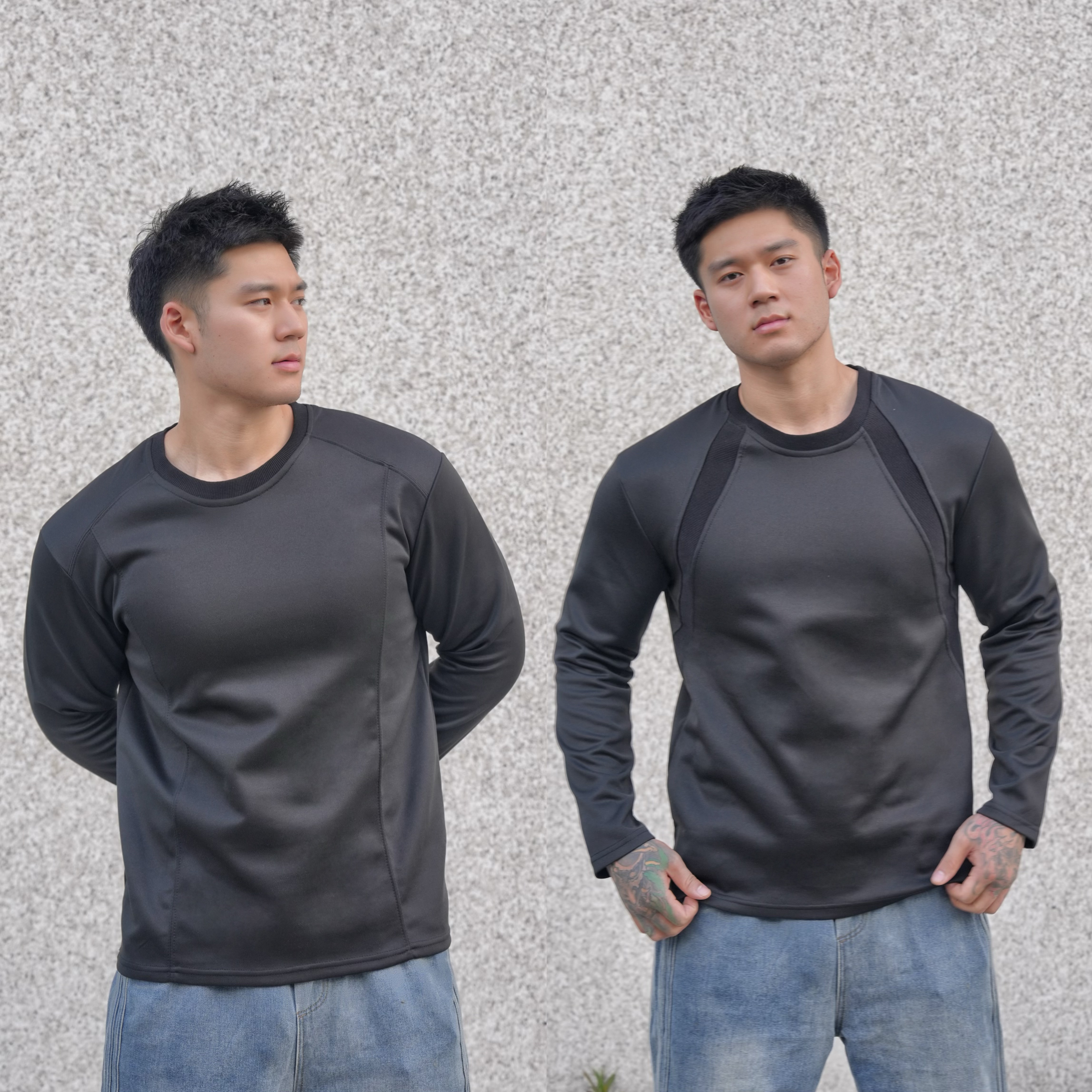 初秋新款拼接健身长袖重磅空气层弹力抗皱显型冰感运动休闲T恤男