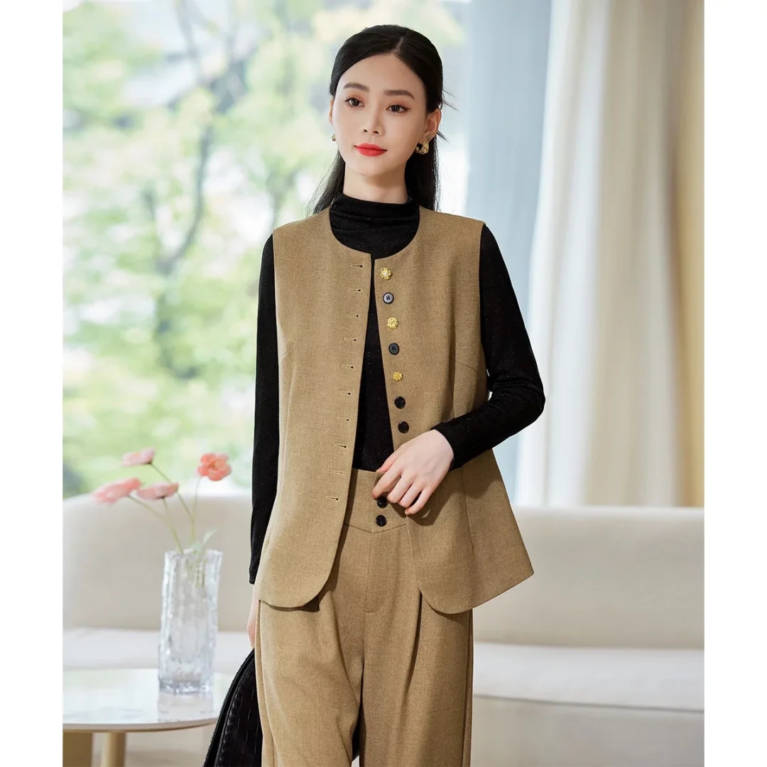 D201新款气质三件套2025春秋款圆领马甲修身显瘦内搭休闲长裤套装