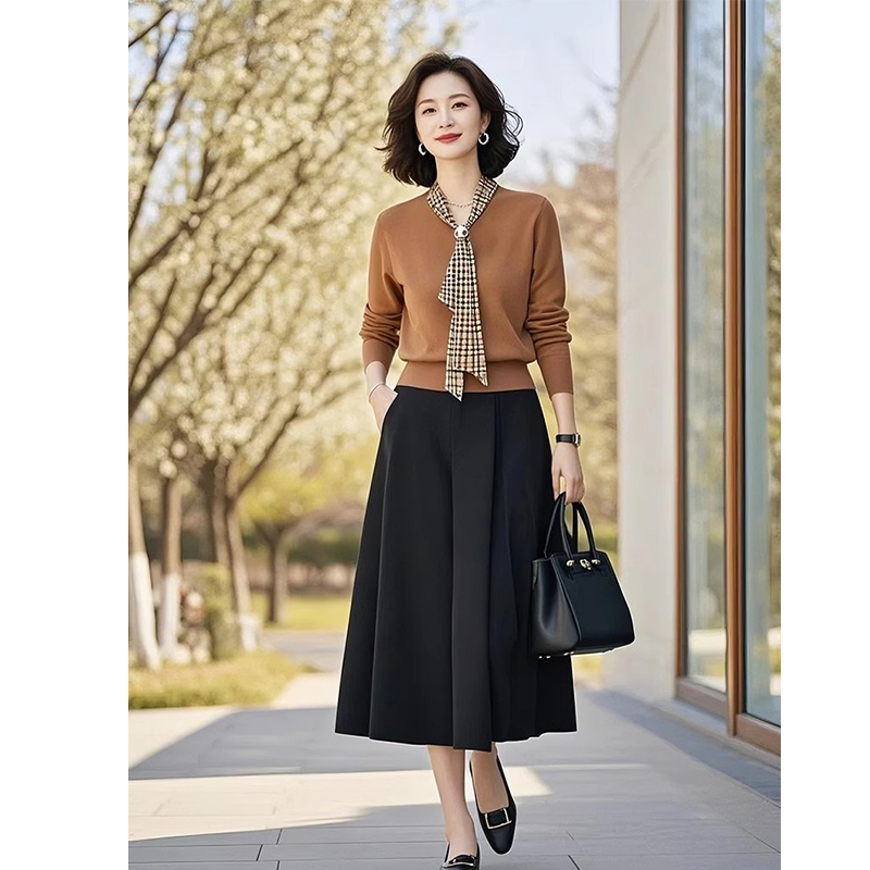 御姐轻熟风大码胖mm巨显瘦棕色针织衫半身裙子2025年新款女装套装