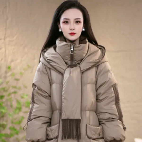 艾薇娜冬季围巾连帽百搭时尚保暖白鸭绒羽绒服M-XL
