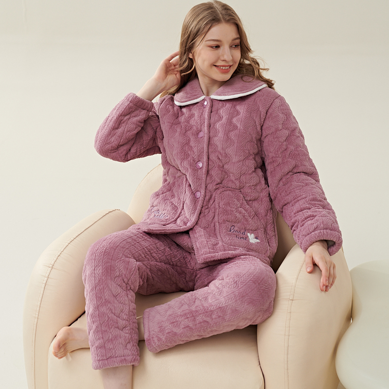 姬玛冬季三层加绒加厚夹棉保暖女士家居服套装229862A