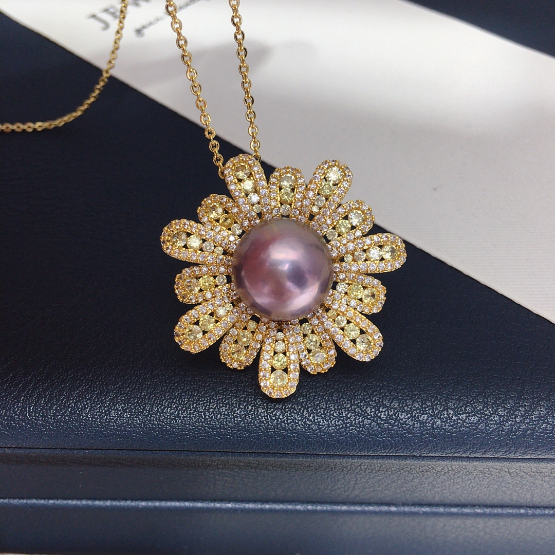 天然淡水珍珠项链微镶锆石大花朵豪镶轻奢宴会紫圆形巴洛克送礼女