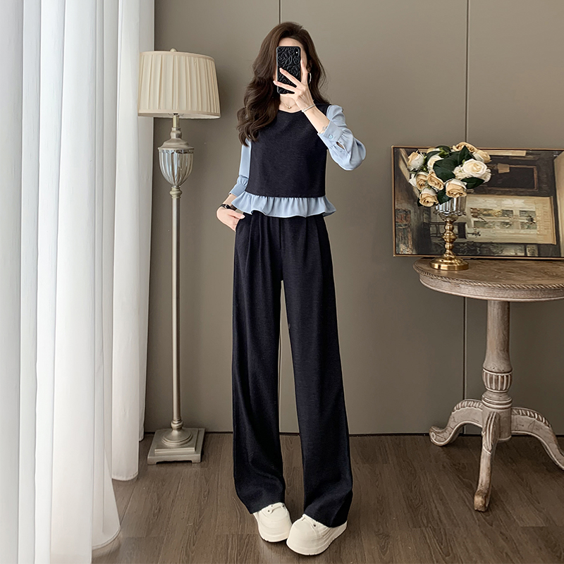 2025时尚休闲撞色拼接显瘦长袖阔腿裤套装女秋季穿搭一整套减龄