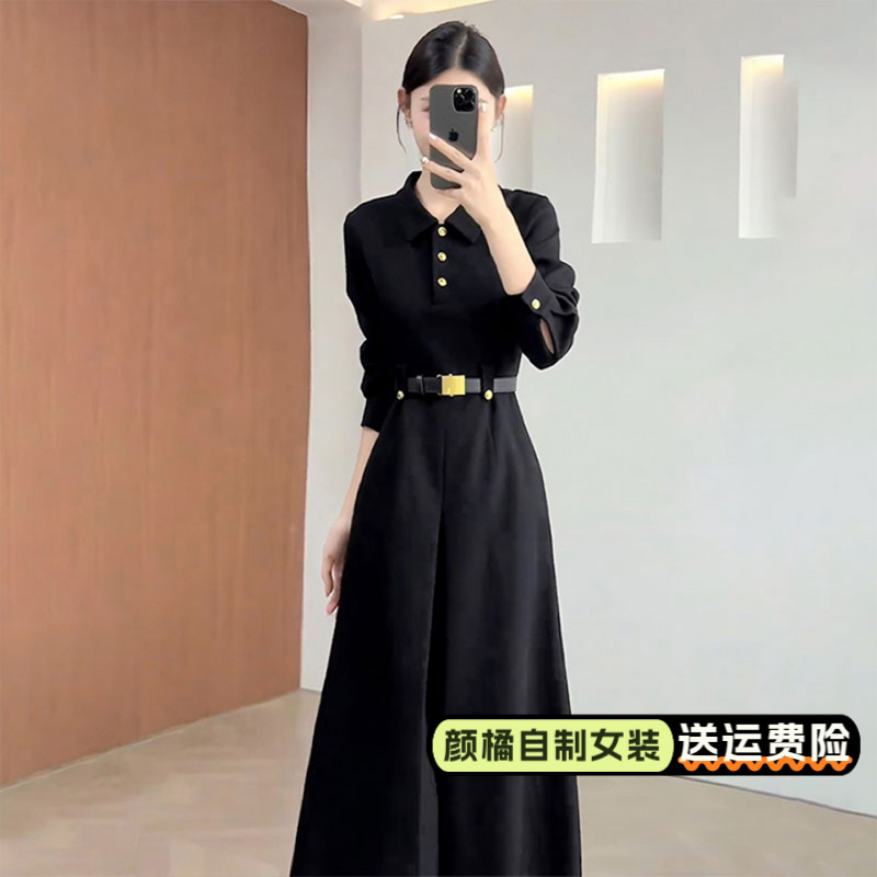 法式赫本风黑色长袖连衣裙女早秋季新款高级感气质收腰显瘦长裙子