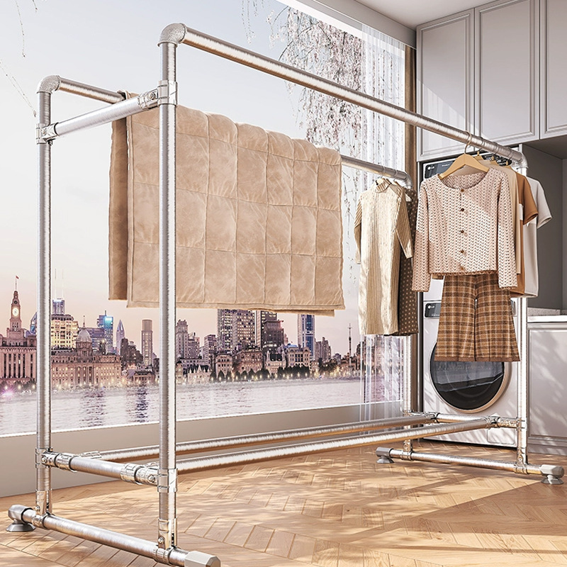 晾衣架家用阳台伸缩双杆落地式折叠晾衣杆晒被子室内外神器