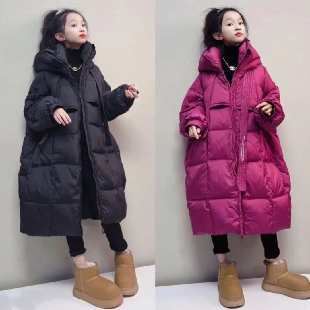 女童长款宽松2025新款羽绒服时尚飘带连帽韩版白鸭绒外套中大童潮