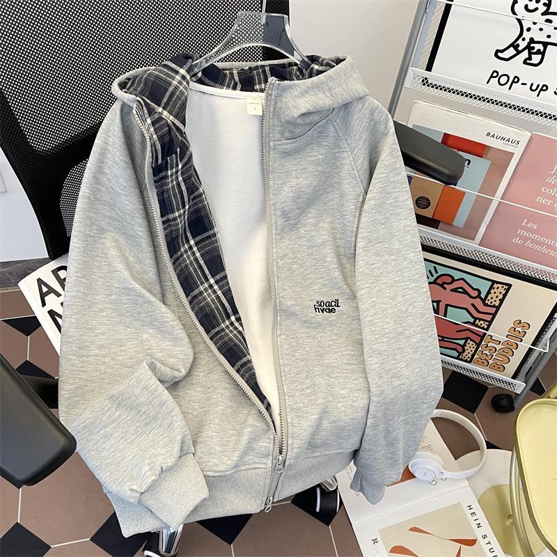 美式重磅连帽灰色厚棉T男女潮牌情侣格子拼接运动开衫休闲夹克外