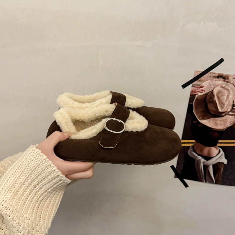 2025冬季新款复古玛丽珍鞋女平底魔术贴一字带保暖防滑软底毛毛鞋