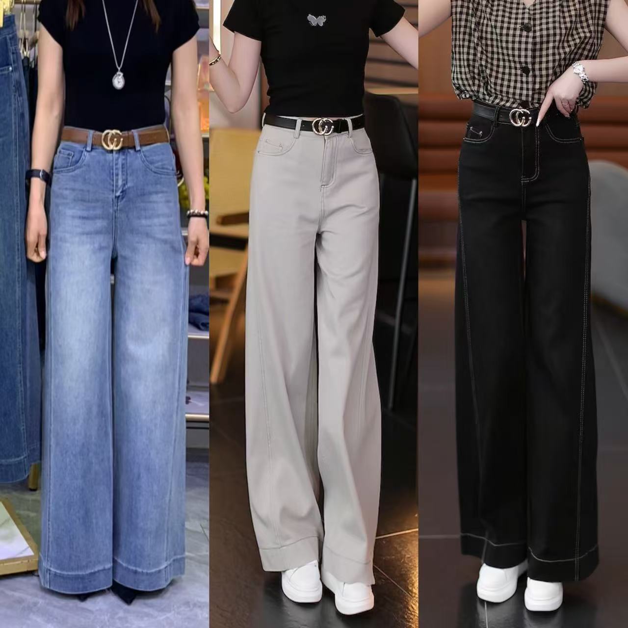 女士秋冬新款显瘦时尚休闲百搭宽松弹力高腰阔腿牛仔裤2812款