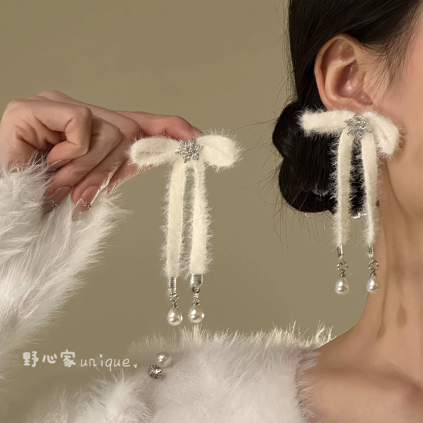 非金属布艺耳饰 【白雾缪斯】冬日圣诞雪花蝴蝶结耳钉温柔气质耳环