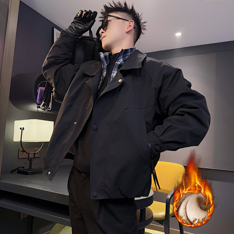 男士加绒加厚外套冬季韩版潮流短款风衣冬装痞帅潮牌假两件夹克男