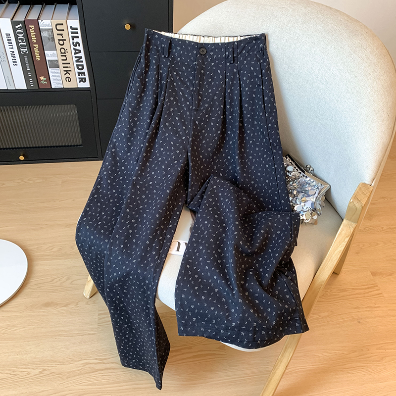 碎花早秋新款韩版时尚百搭显瘦高腰直筒裤女宽松休闲阔腿裤子