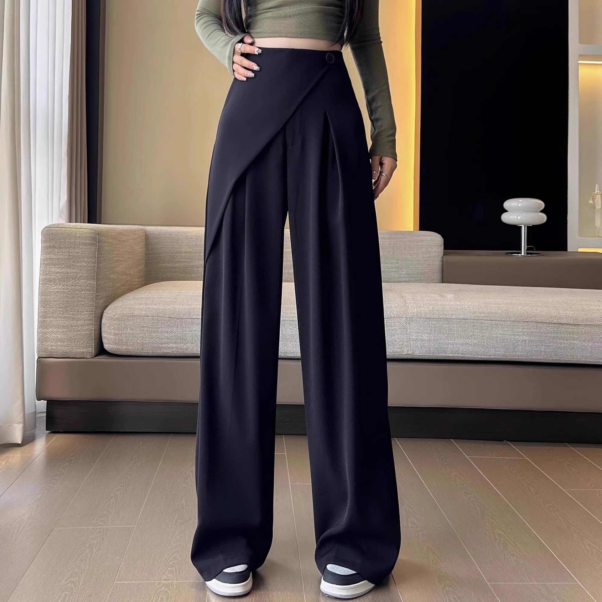 2025秋季新款拼接设计感大码女装梨形身材宽松显瘦休闲西装阔腿裤