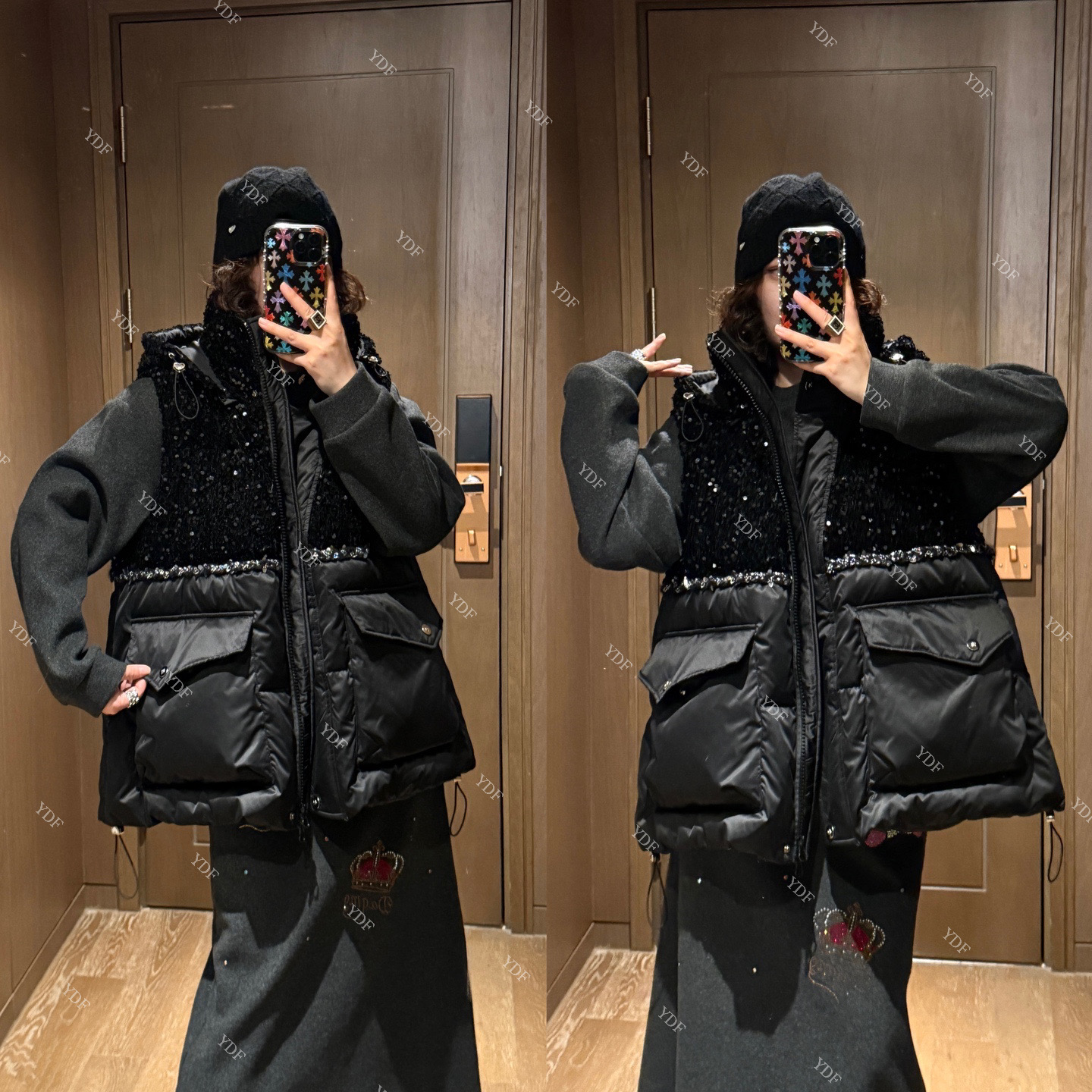 YDFSTUDIO小众【极地暖阳】欧货高品亮片白鸭绒拼接设计时尚马甲