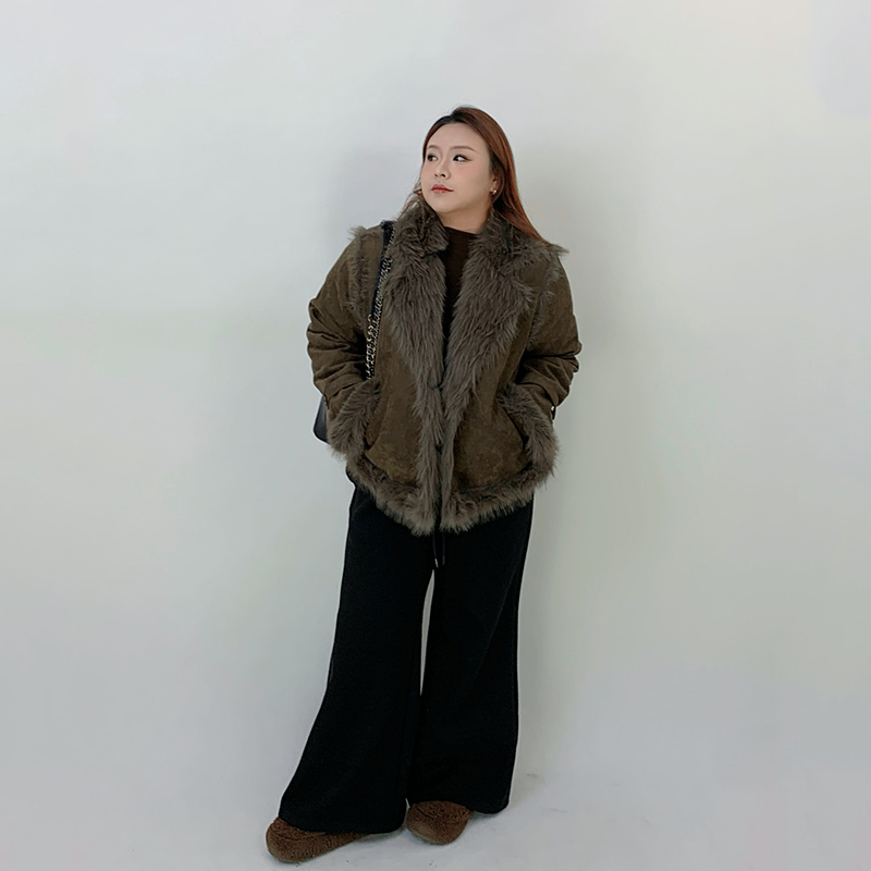 Milu家大码女装冬季短款机车派克棉服胖mm显瘦毛毛外套潮