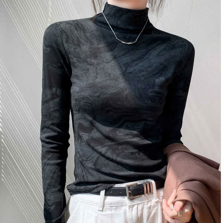 韩版扎染半高领修身长袖打底衫女秋冬2025新款内搭时尚显瘦女上衣