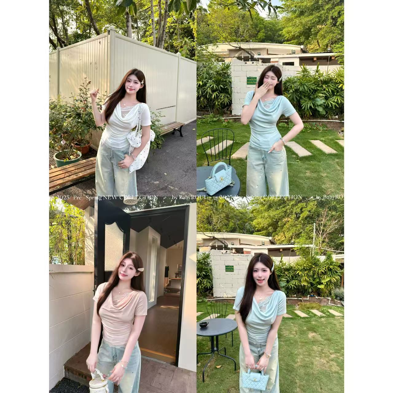 【现货】【清风白茶】温与柔日系甜妹纯欲蕾丝拼接荡领设计感短袖上衣