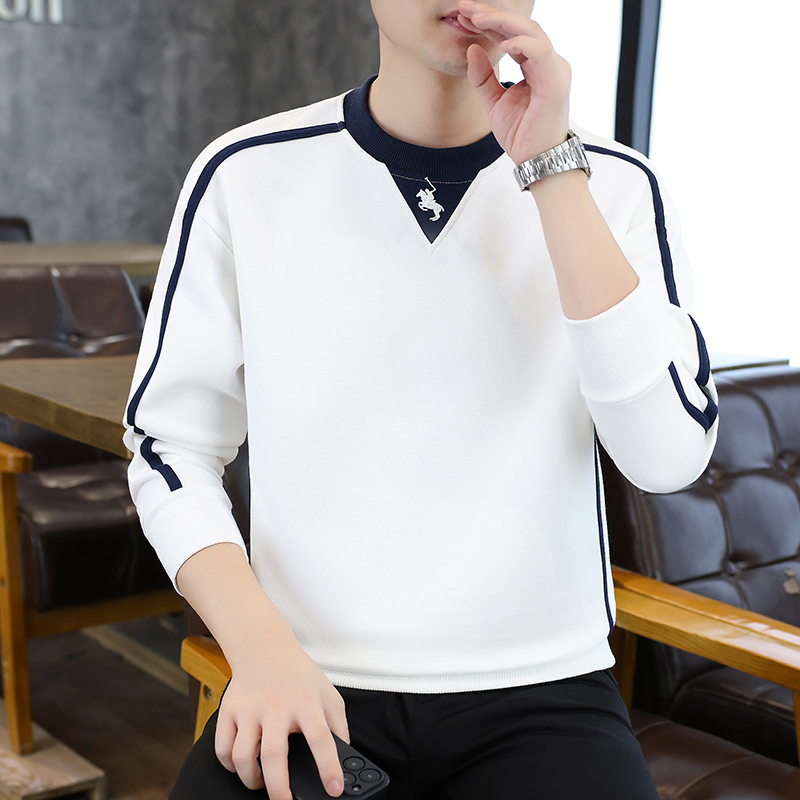 高档圆领拼接刺绣卫衣男士秋冬时尚百搭加绒打底衫体恤男装1101