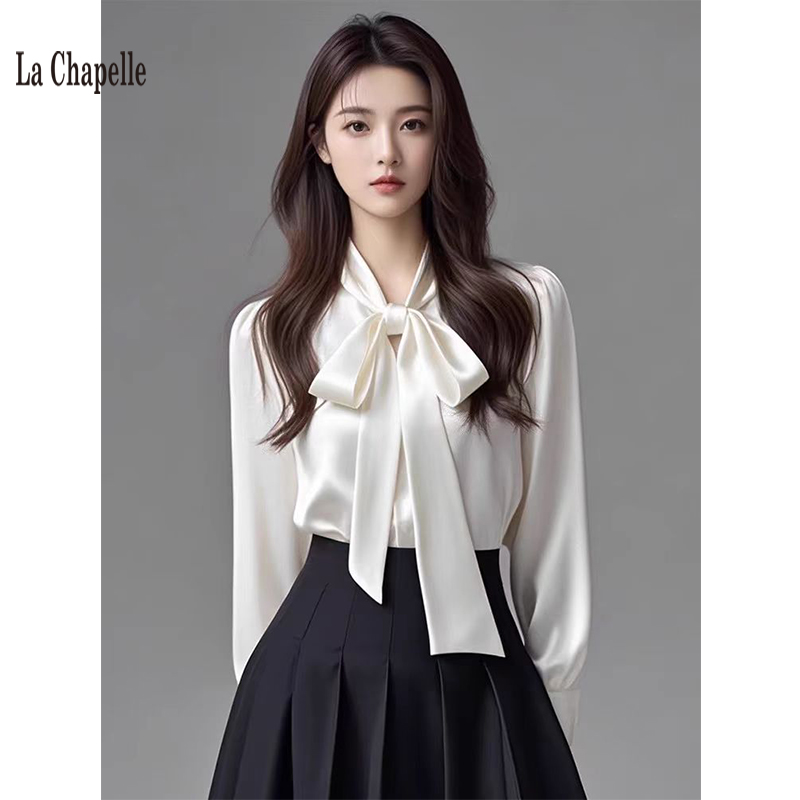 拉夏贝尔白色蝴蝶结衬衫女2025春秋小个子高级感内搭长袖职业上衣