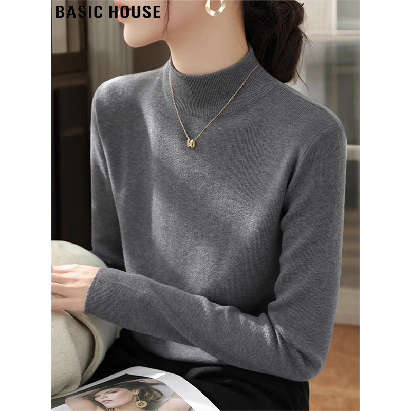 Basic House/百家好半高领针织打底衫女士秋季格雷系内搭灰色毛衣