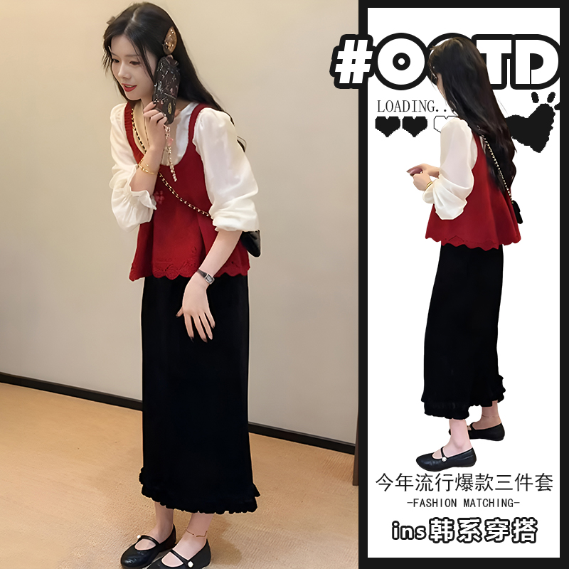 网红炸街套装女秋季打底衬衫吊带背心马甲显瘦半身裙子三件套