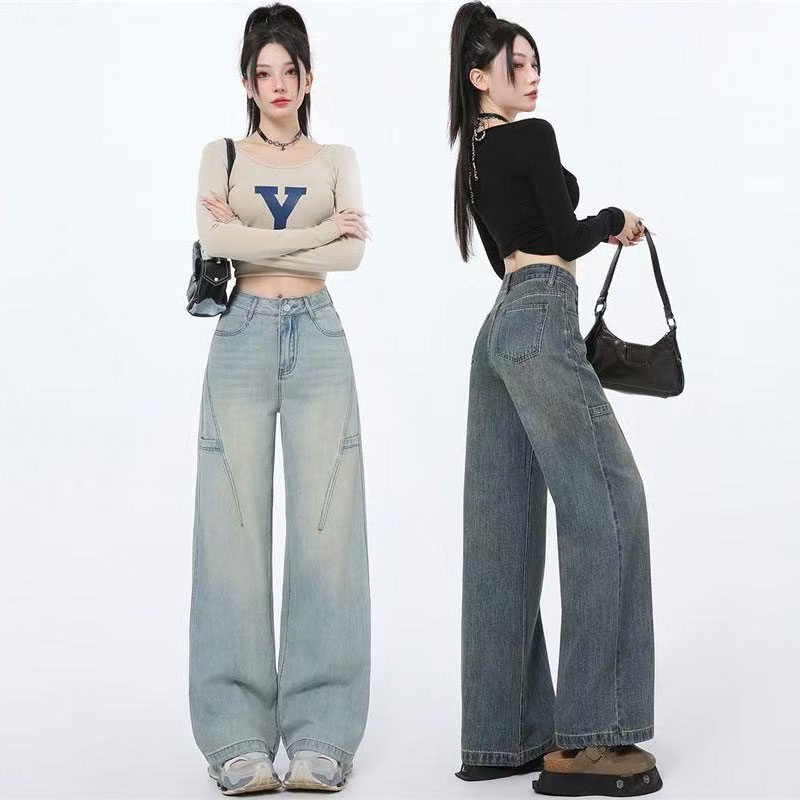 美式小个子定制窄版阔腿牛仔裤女2025秋季新款潮牌做旧直筒拖拖裤