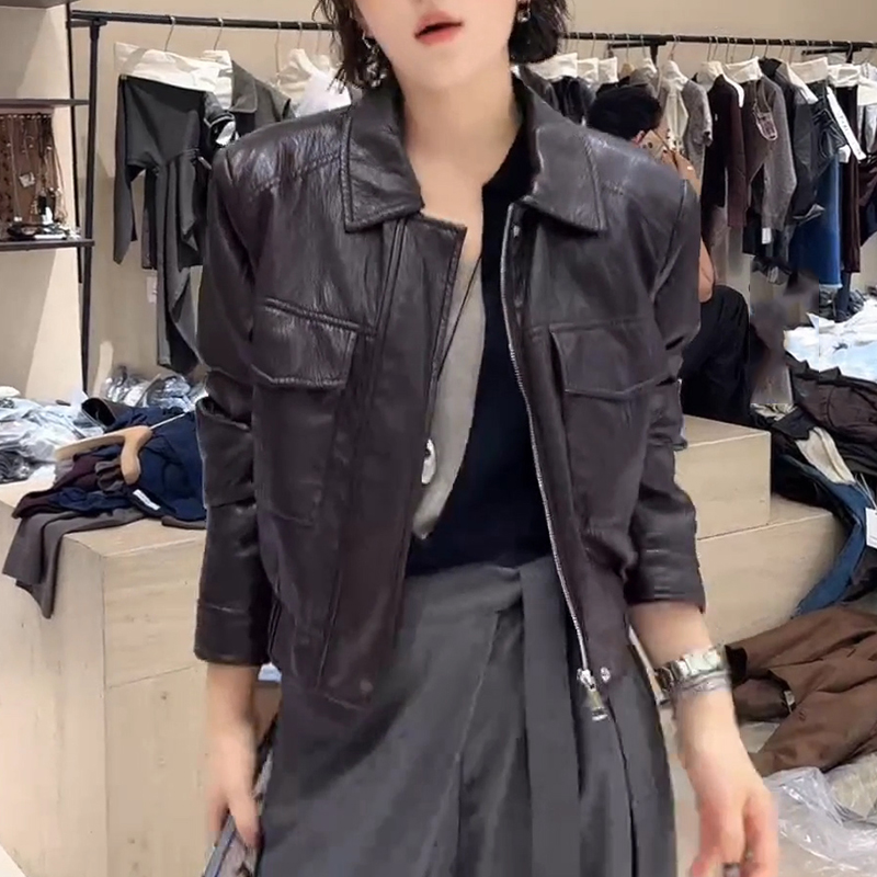 韩版休闲时尚翻领皮衣短外套女2025春秋新款宽松显瘦夹克开衫上衣