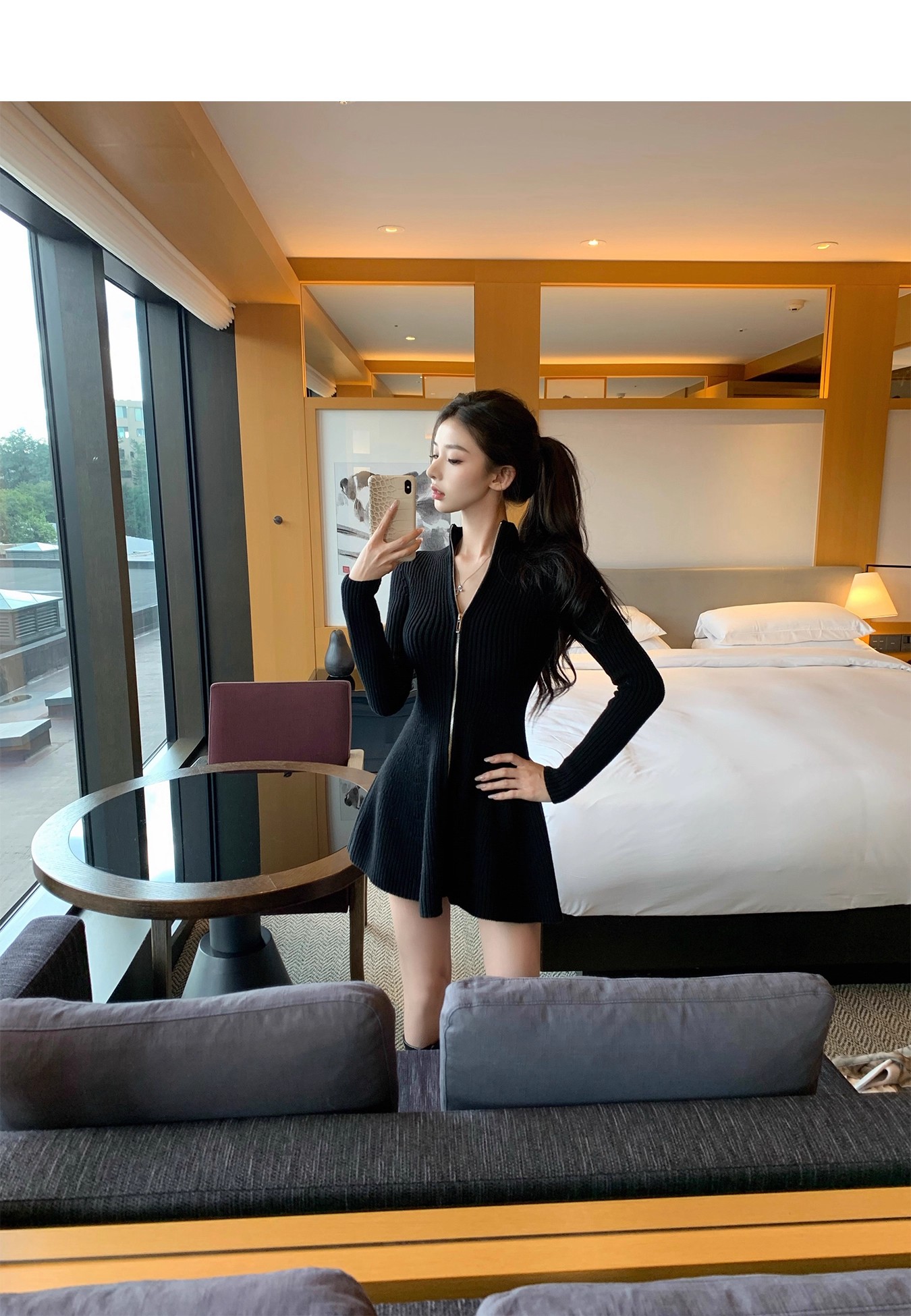 韩系气质姐姐半高领拉链大下摆秋季针织显瘦收腰长袖A字裙连衣裙