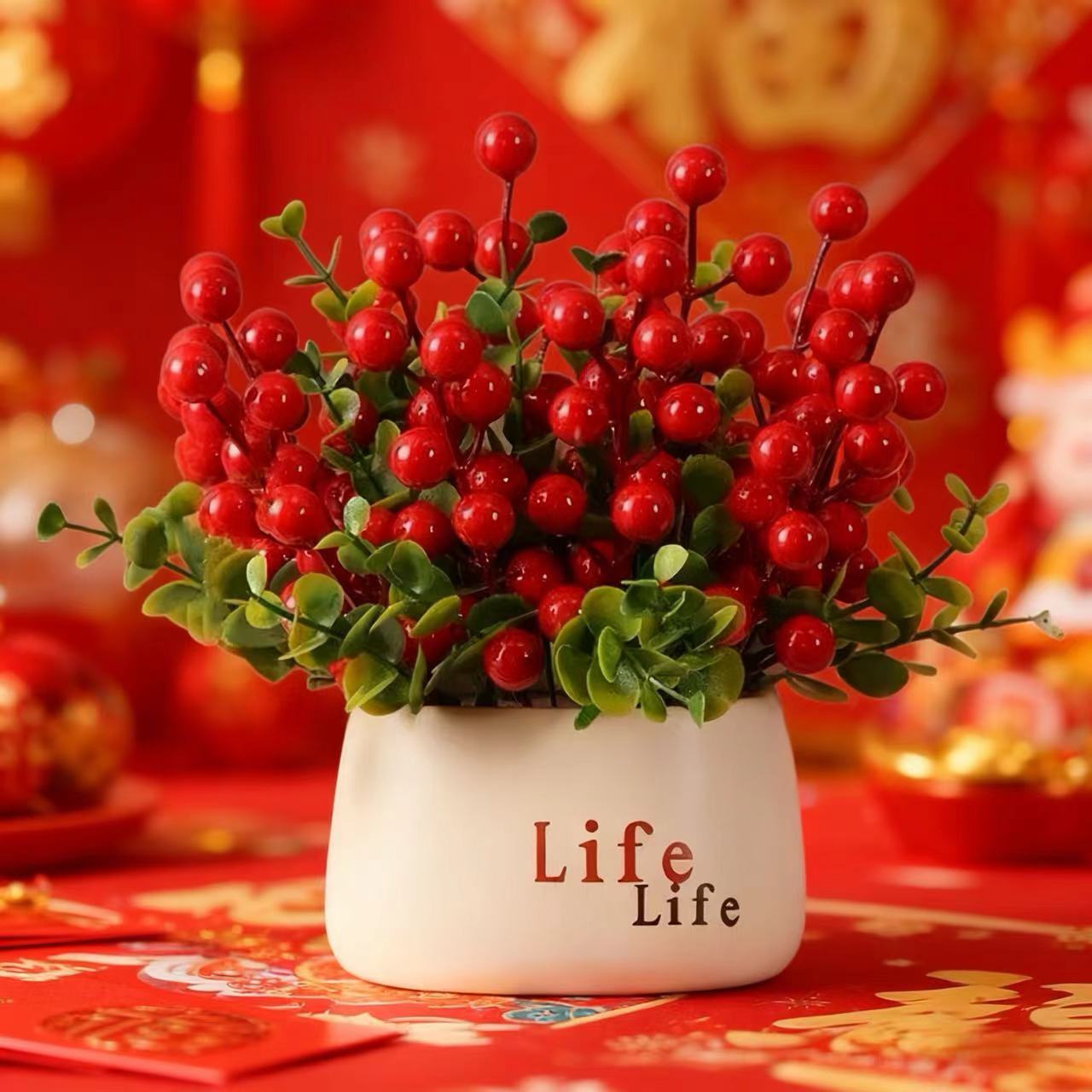 发财红果仿真花摆设红色浆果红果高级红果子手工冬青客厅假花摆件