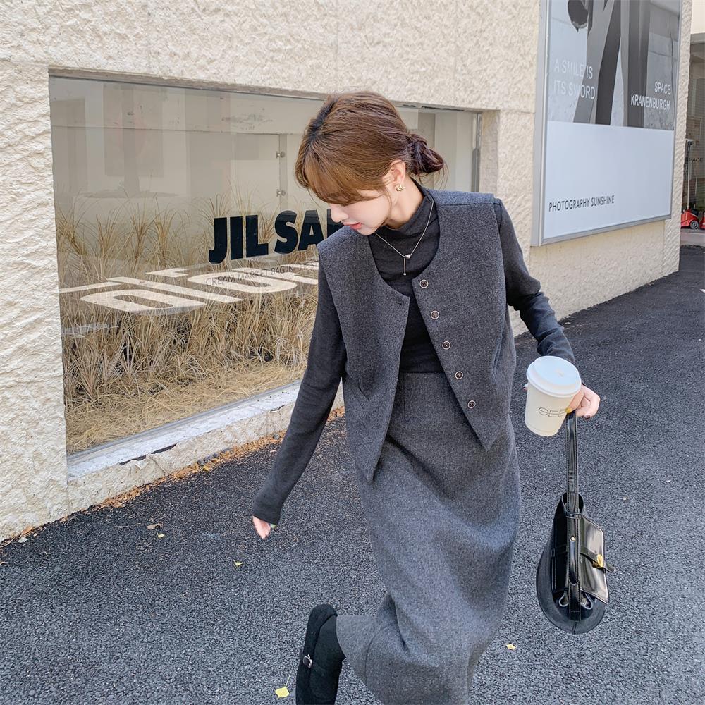 灰色时髦精穿搭马甲套装裙女秋季小香风三件套爆款ootd高级感韩系