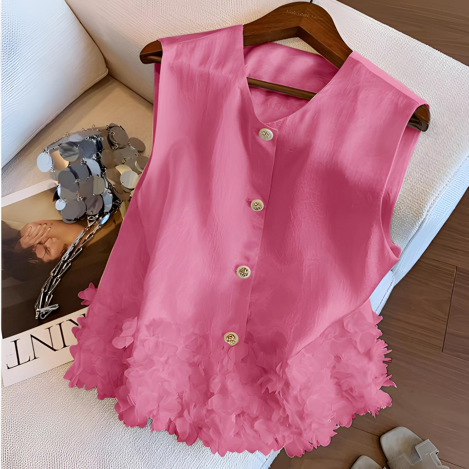 小香风醋酸缎面无袖上衣女夏爆款设计感时尚气质下摆立体花瓣马甲