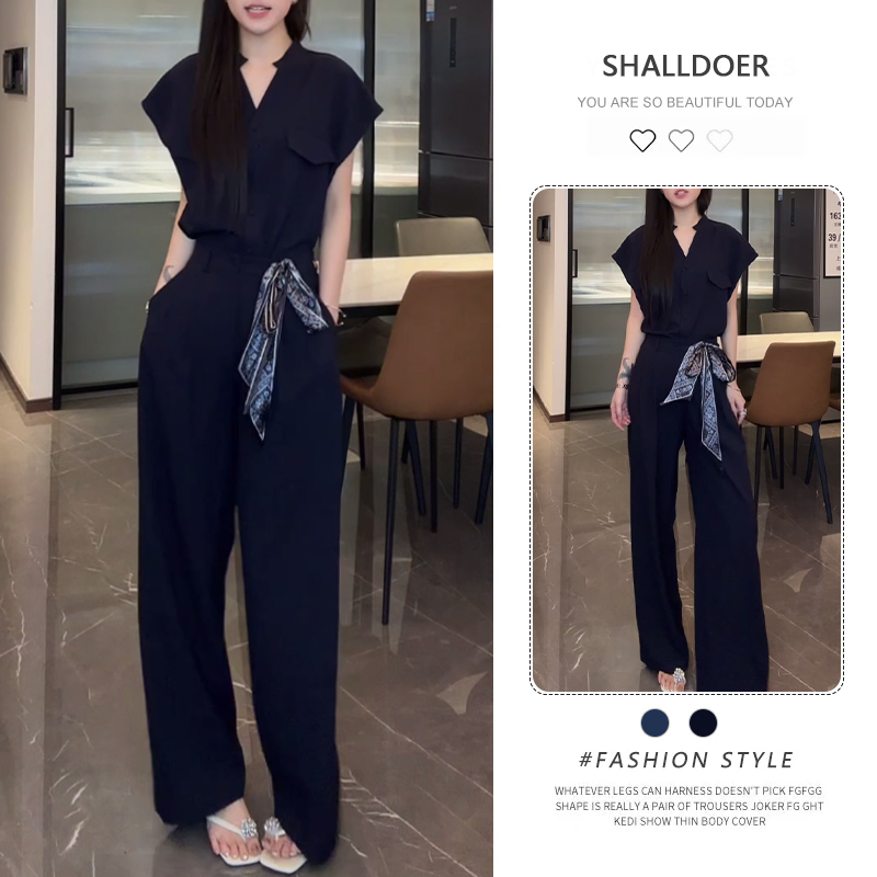 2026年夏季新款时尚藏蓝色套装女士V领短袖衬衫高腰休闲裤两件套