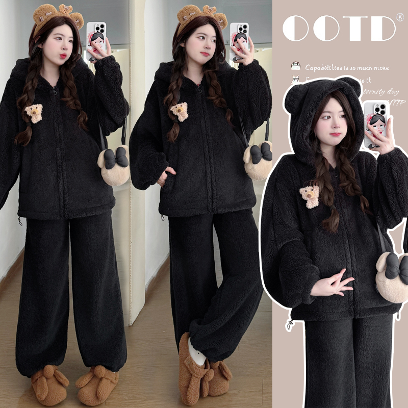 孕妇装套装2025新款秋冬季加绒加厚可爱小熊连帽上衣休闲裤两件套