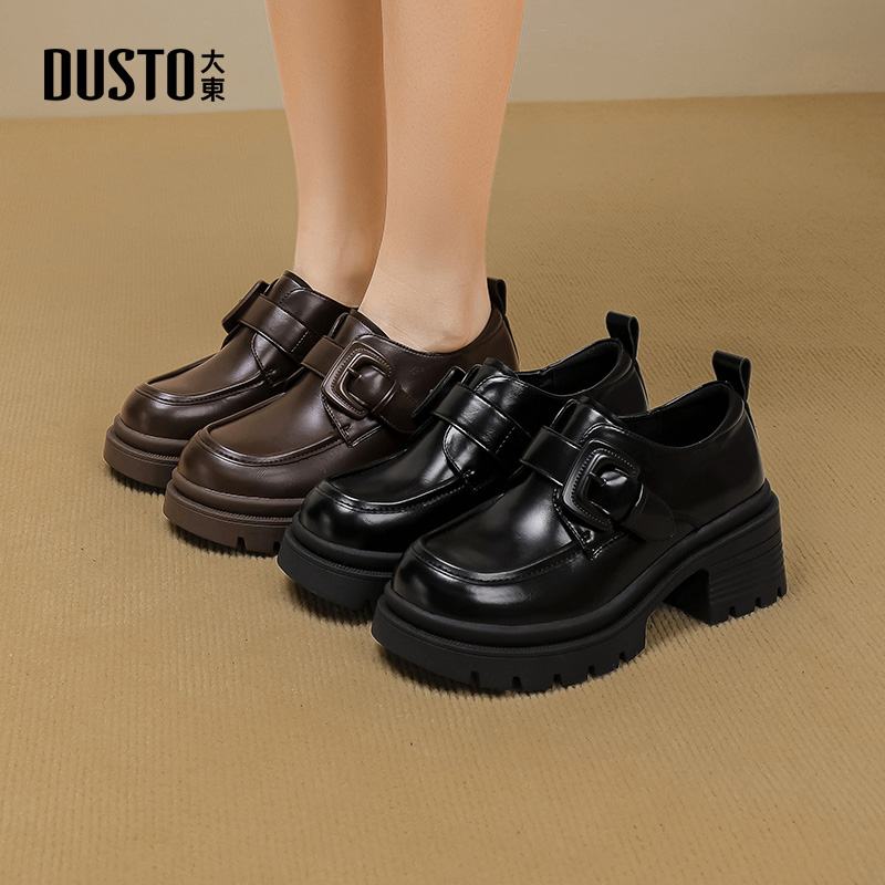大东乐福鞋女款2025秋季新款休闲简约百搭皮带扣高跟小皮鞋0623