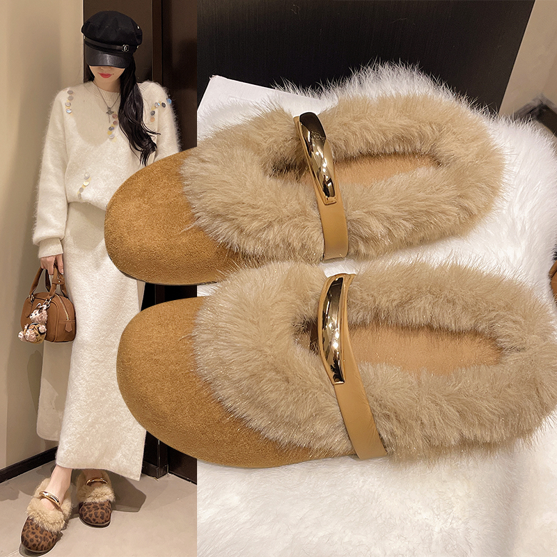 法式厚底毛毛包头半拖鞋乐福鞋女款懒人秋冬一脚蹬勃肯鞋保暖棉鞋