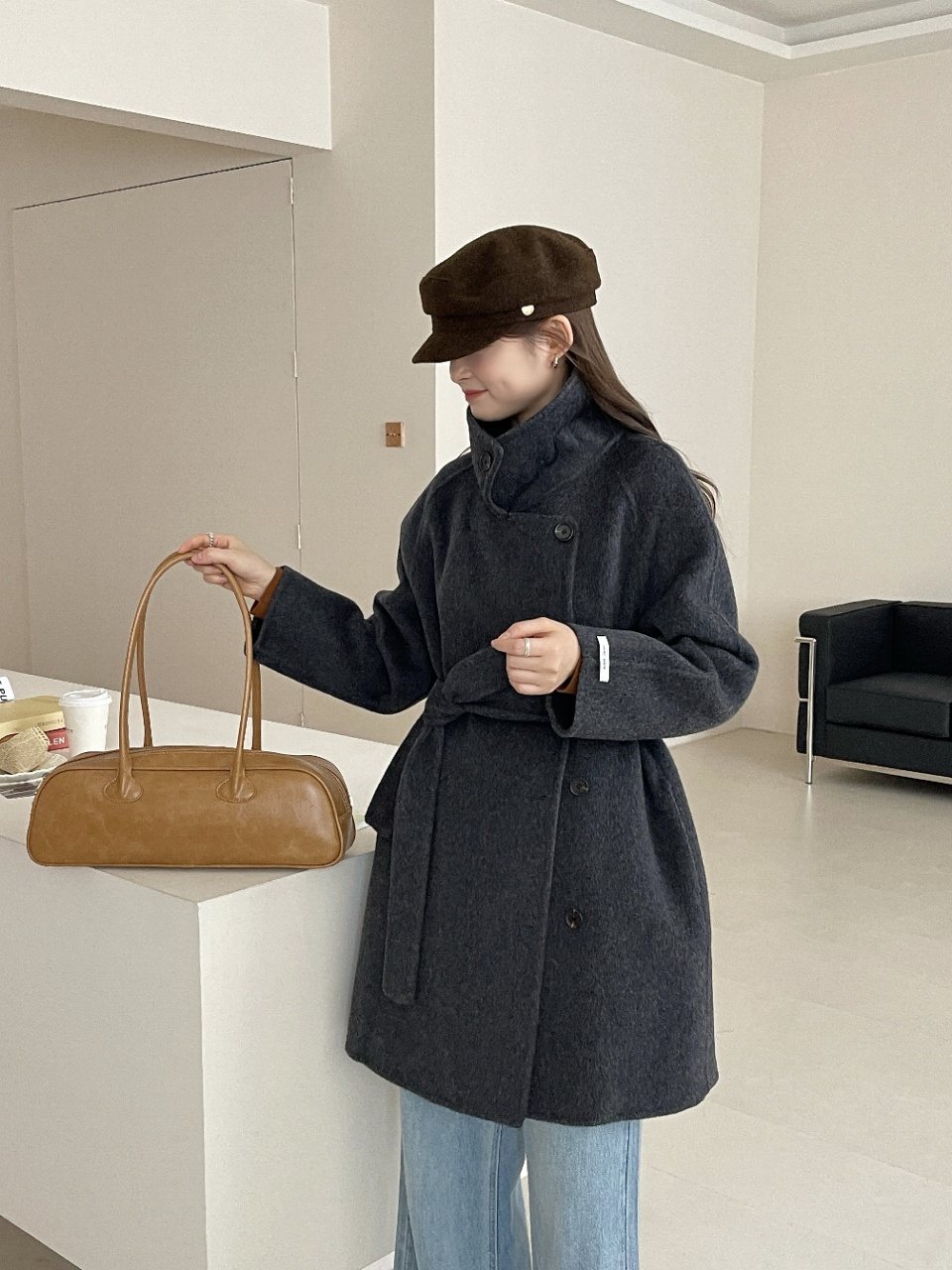 姐妹短立领秋冬季长袖直筒型外套防风双面呢毛呢外套短款羊毛大衣