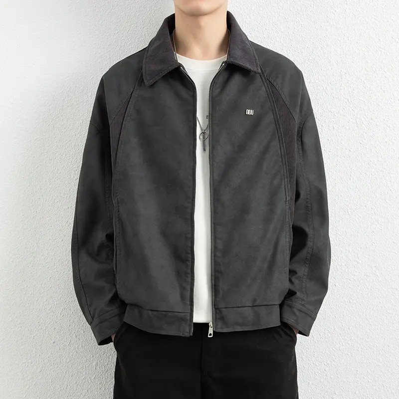 韩版复古拼接皮衣男2025新款潮流休闲宽松翻领外套痞帅高级感夹克