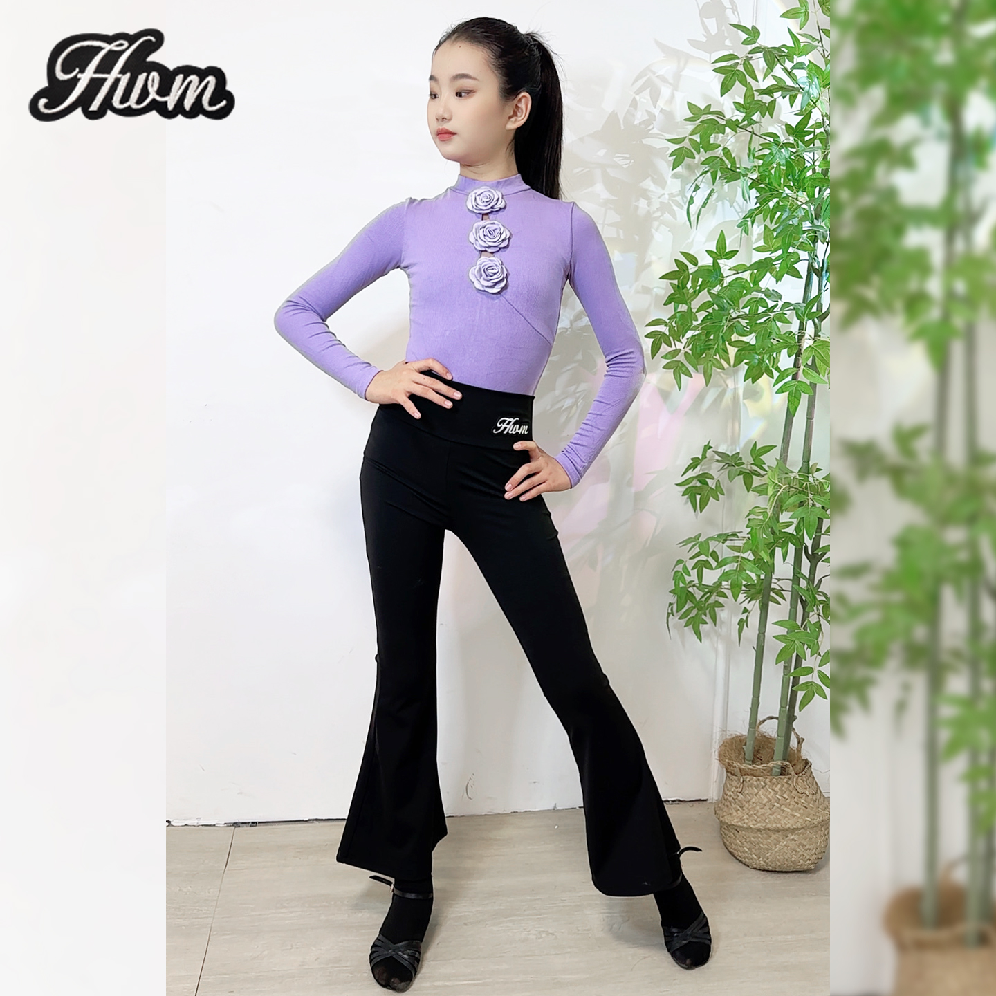 红舞魅秋冬新款女童拉丁舞练功服裤少儿高领长袖上衣黑色长裤套装