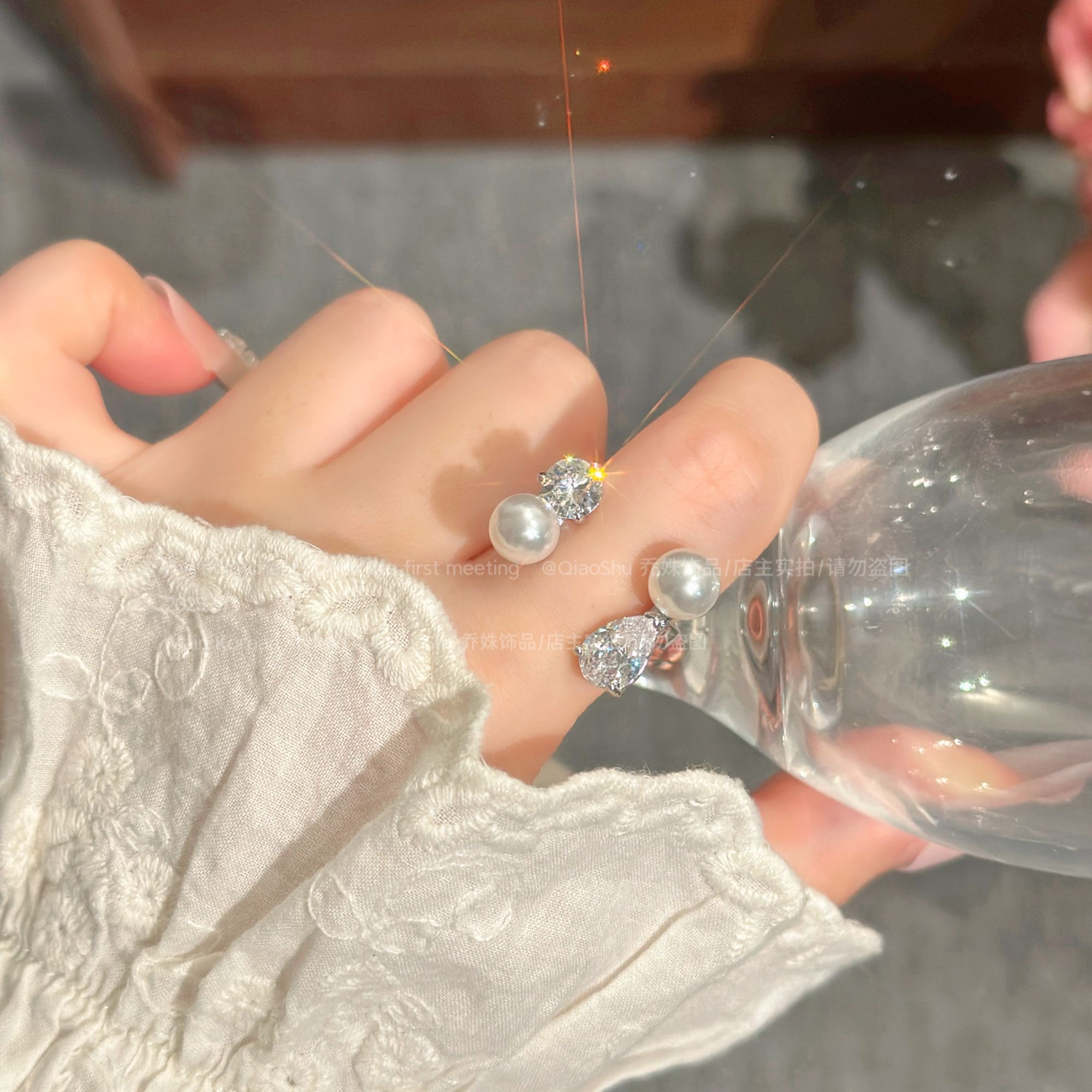 铜合金合成锆石戒指 C552 时尚个性网红珠珠开口戒指小众设计高级