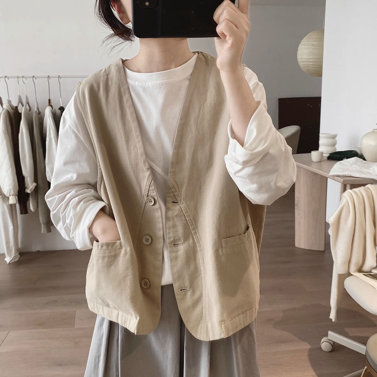 棉质马夹外套女士春秋季新款宽松显瘦v领简约小众设计感工装背心