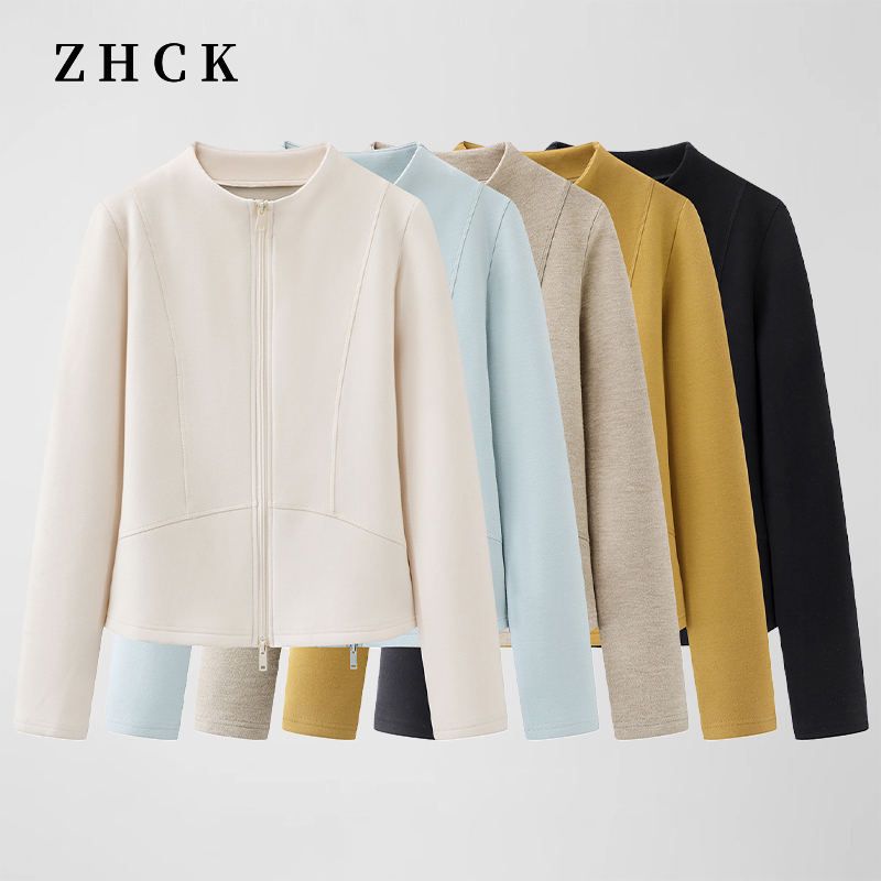ZHCK休闲百搭修身加绒上衣2026新款高级感加厚双拉链打底衫女