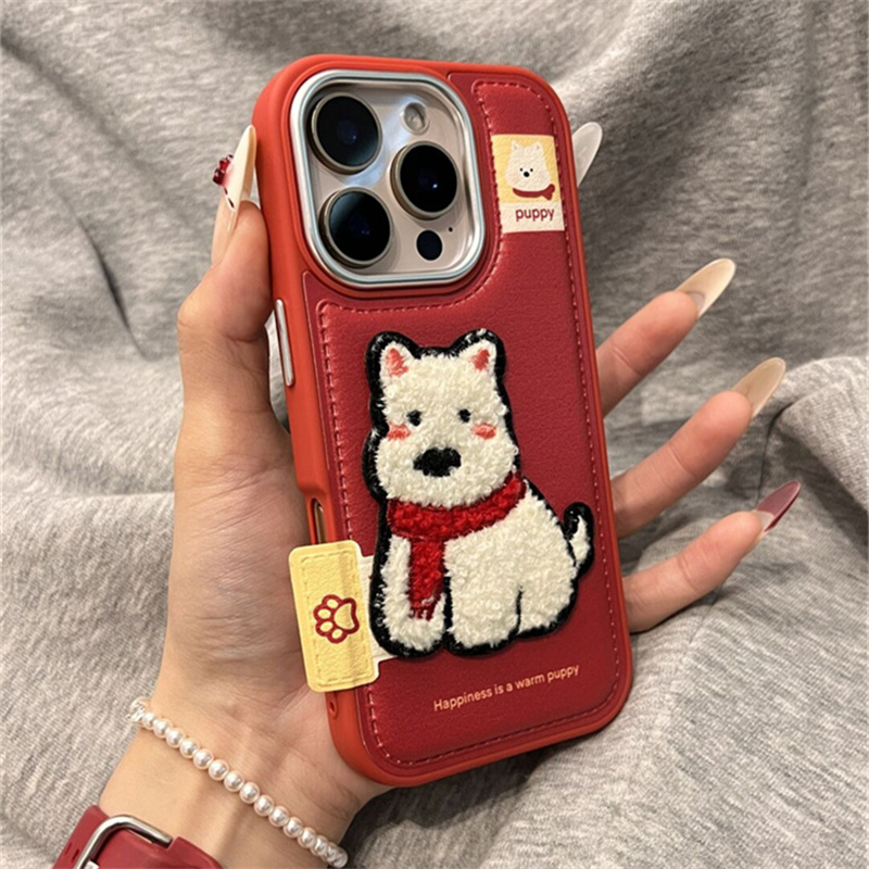 可爱西高地皮质适用苹果16promax手机壳iPhone15手绳14防摔13女17