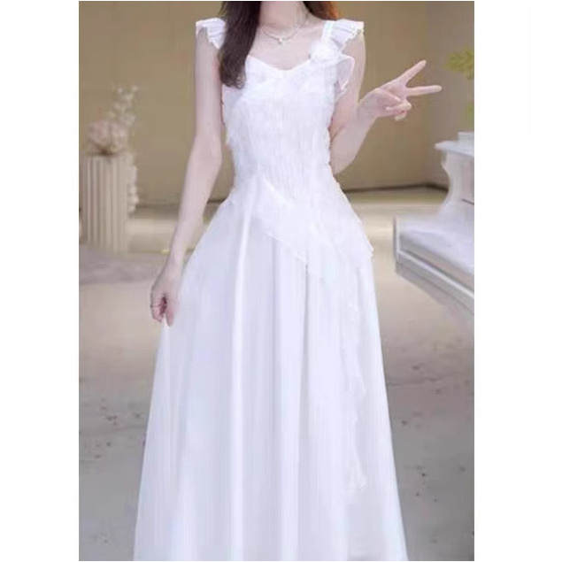 2025新款夏季北栀法式高级感荷叶边飘带小飞袖连衣裙